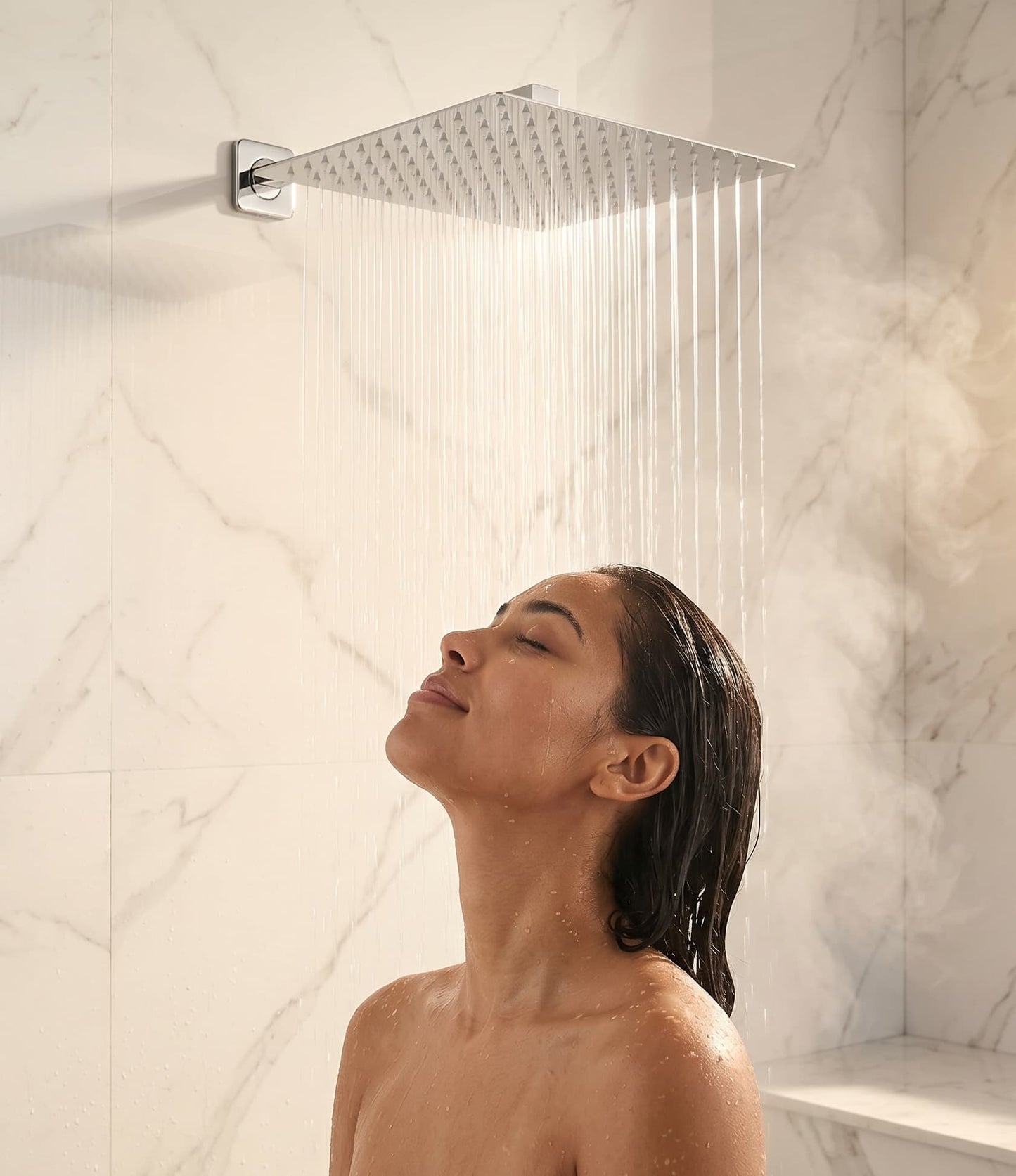 Rainfall Shower Head with Wall Arm - Square Overhead Shower, Stainless Steel, Wall Mounted