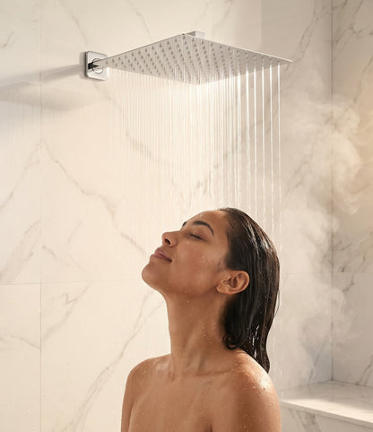 Rainfall Shower Head with Wall Arm - Square Overhead Shower, Stainless Steel, Wall Mounted