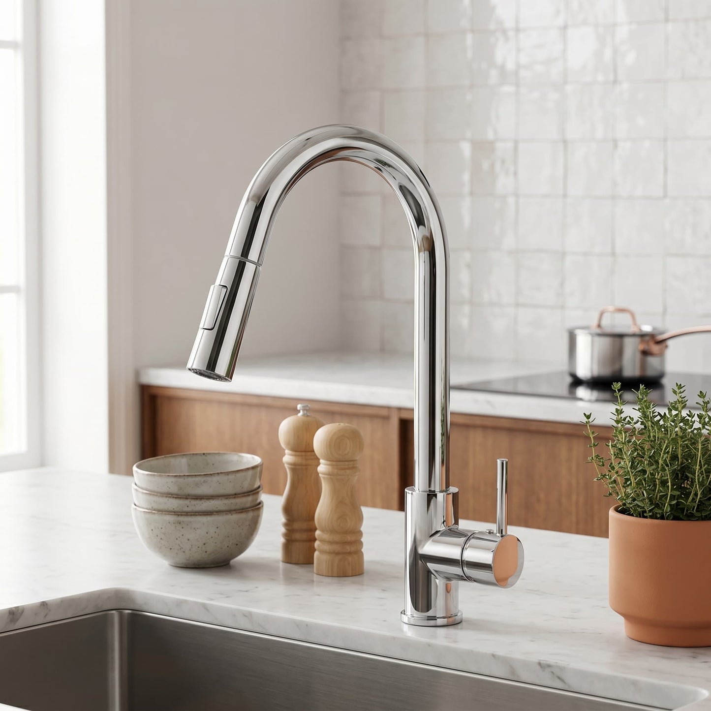 Pull Out Kitchen Tap - Stainless Steel, Hot & Cold Mixer Tap, 360° Swivel, Deck Mounted