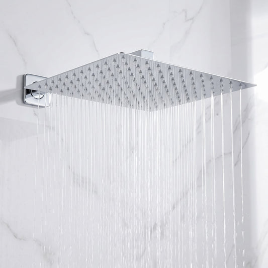 Rainfall Shower Head with Wall Arm - Square Overhead Shower, Stainless Steel, Wall Mounted