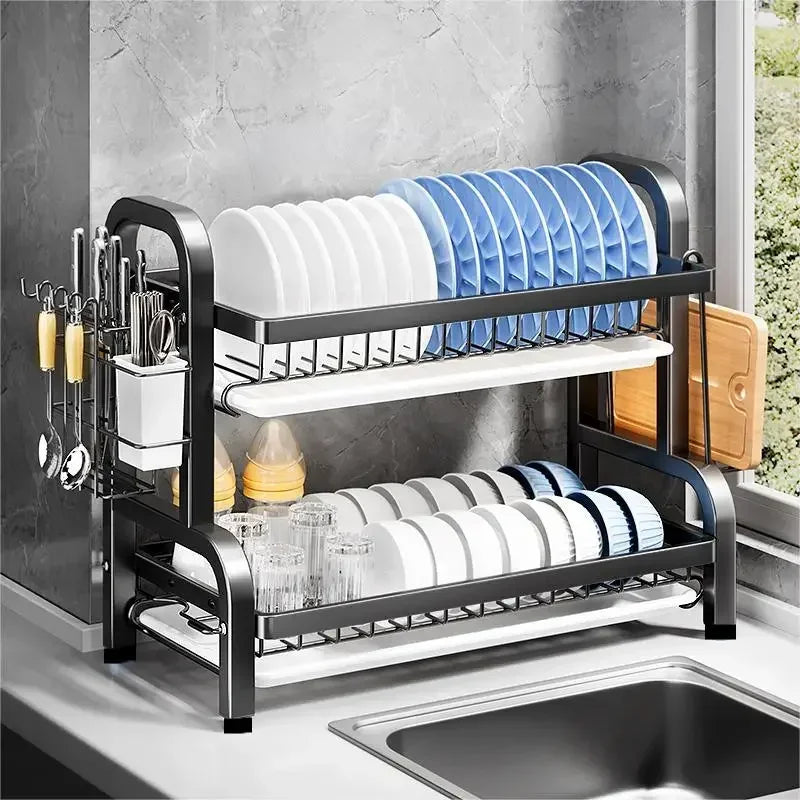 Dish Rack with Drain Pipe – 2-Tier Rust-Proof Kitchen Drying Rack & Drainboard