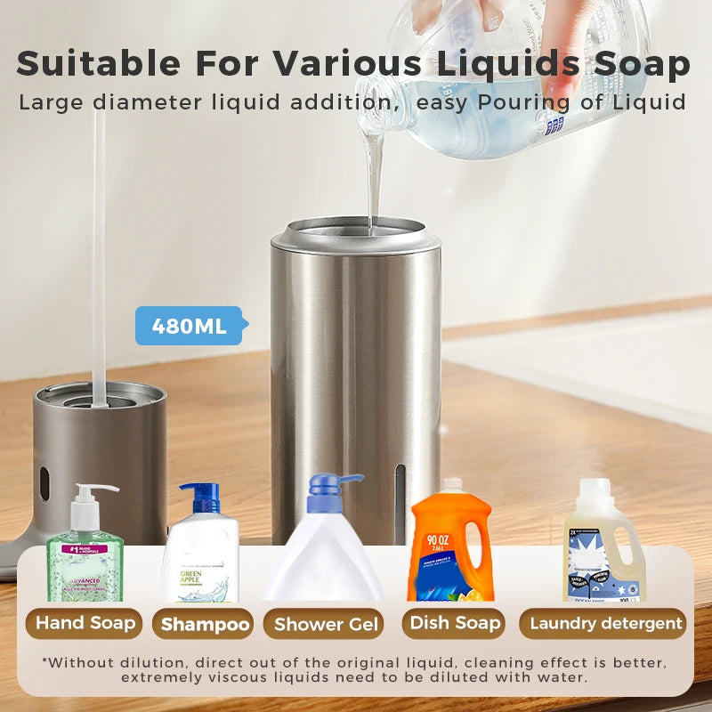 Automatic Soap Dispenser Touchless - 304 Stainless Steel, 480ml IPX7 Waterproof, USB-C Rechargeable for Bathroom & Kitchen