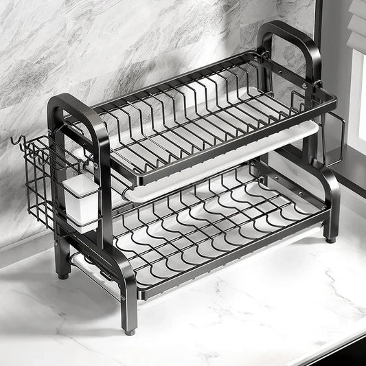 Dish Rack with Drain Pipe – 2-Tier Rust-Proof Kitchen Drying Rack & Drainboard