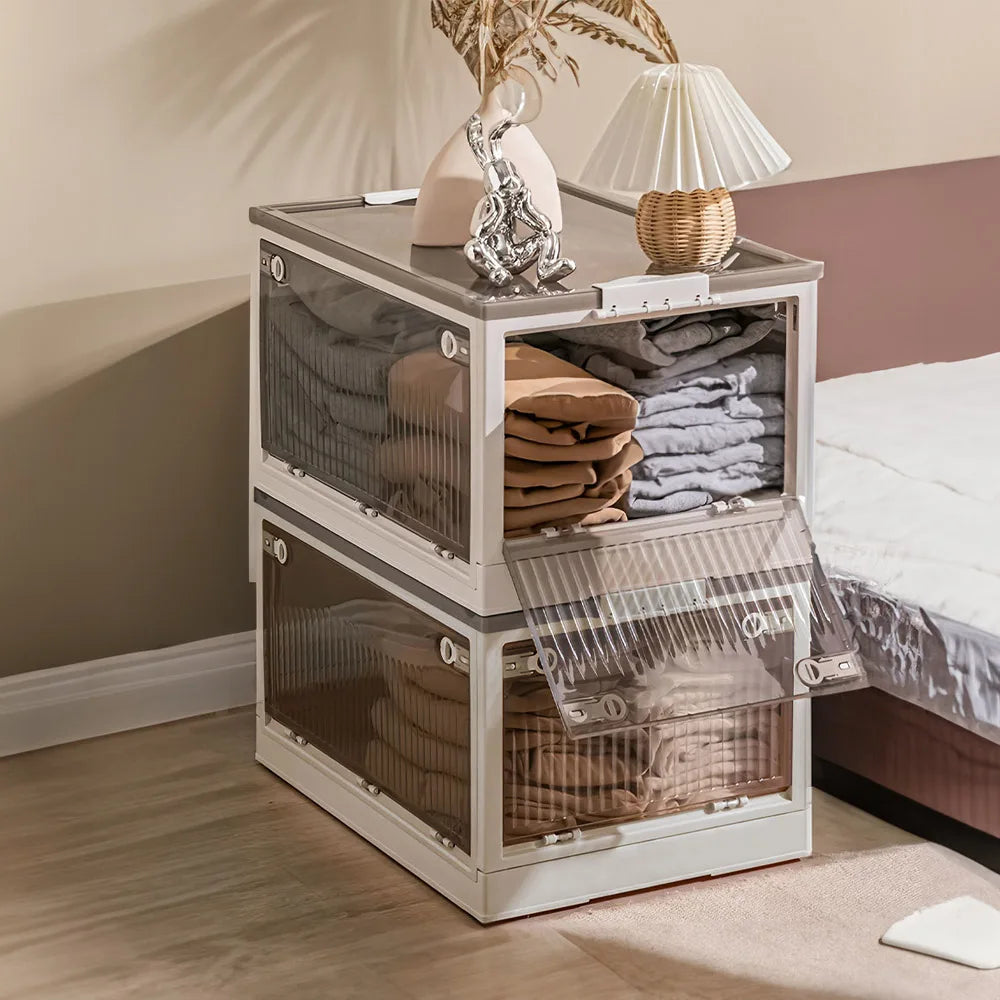 Under Bed Storage Box with Wheels – Folding Stackable Clear Plastic Container with Lid 56L